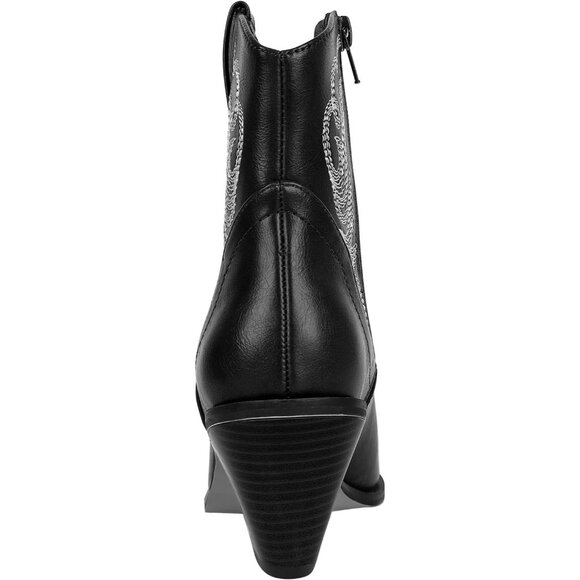 Women's Polyurethane Black Pu Embroidered Round Toe Short Ankle Chunky Heel Boot - Picture 3 of 7